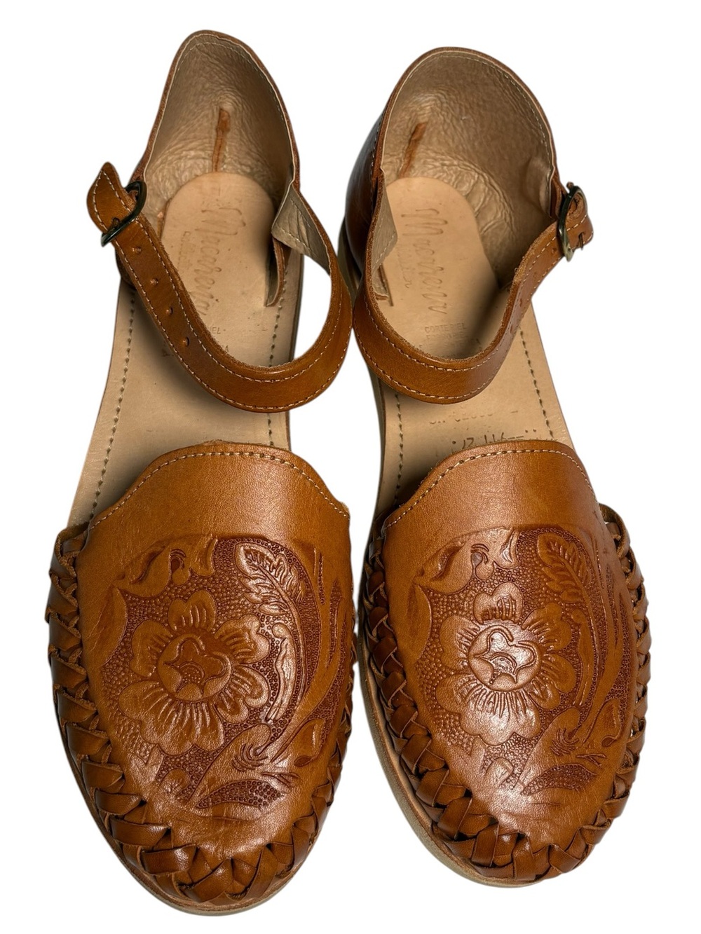 Macarena Mexican Hand-Tooled Floral Leather Huaraches Ankle Strap Sandals 27